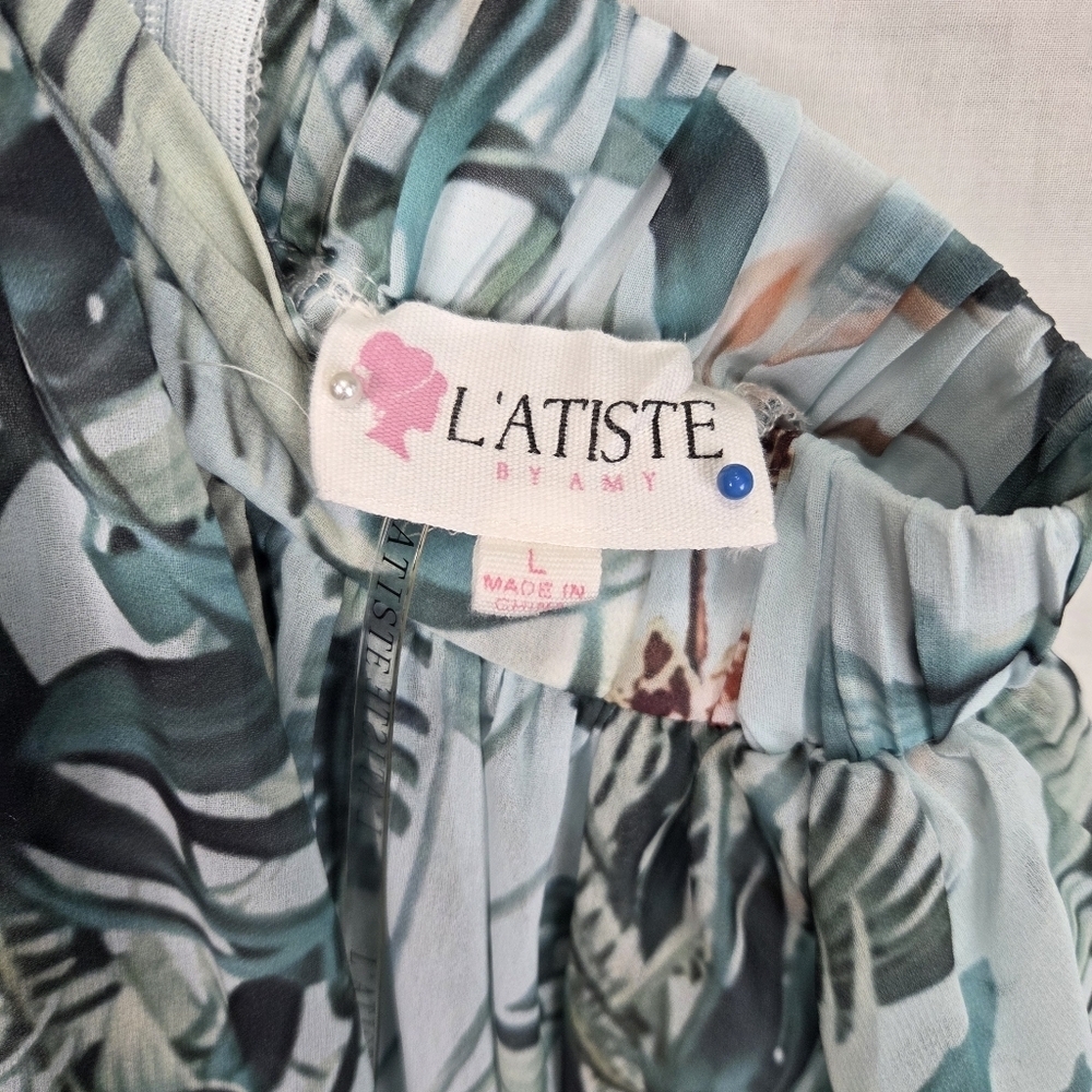 L’ATISTE by Amy Tropical Cut Out Maxi Dress Size L Elastic Waist Slit - Picture 5 of 9